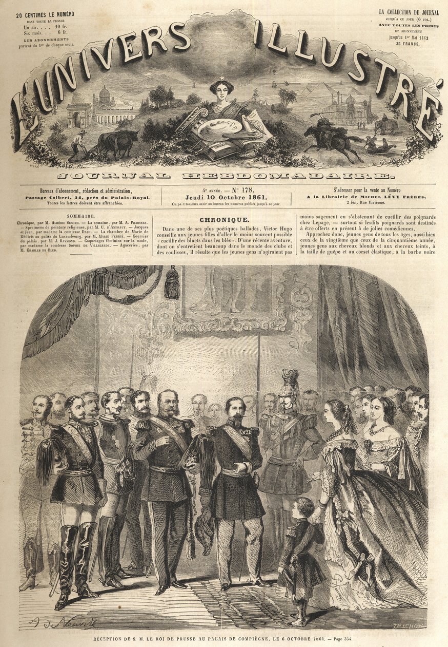 Vilmos porosz király látogatása III. Napóleonnál, a franciák császáránál a franciaországi Compiegne-ban 1861 - I. Vilmos porosz (1797-1888) látogatása Compiegne-ben III. Napóleon jelenléte - Metszet a „” Illusztrous Univerzum” alkotó: Unknown artist