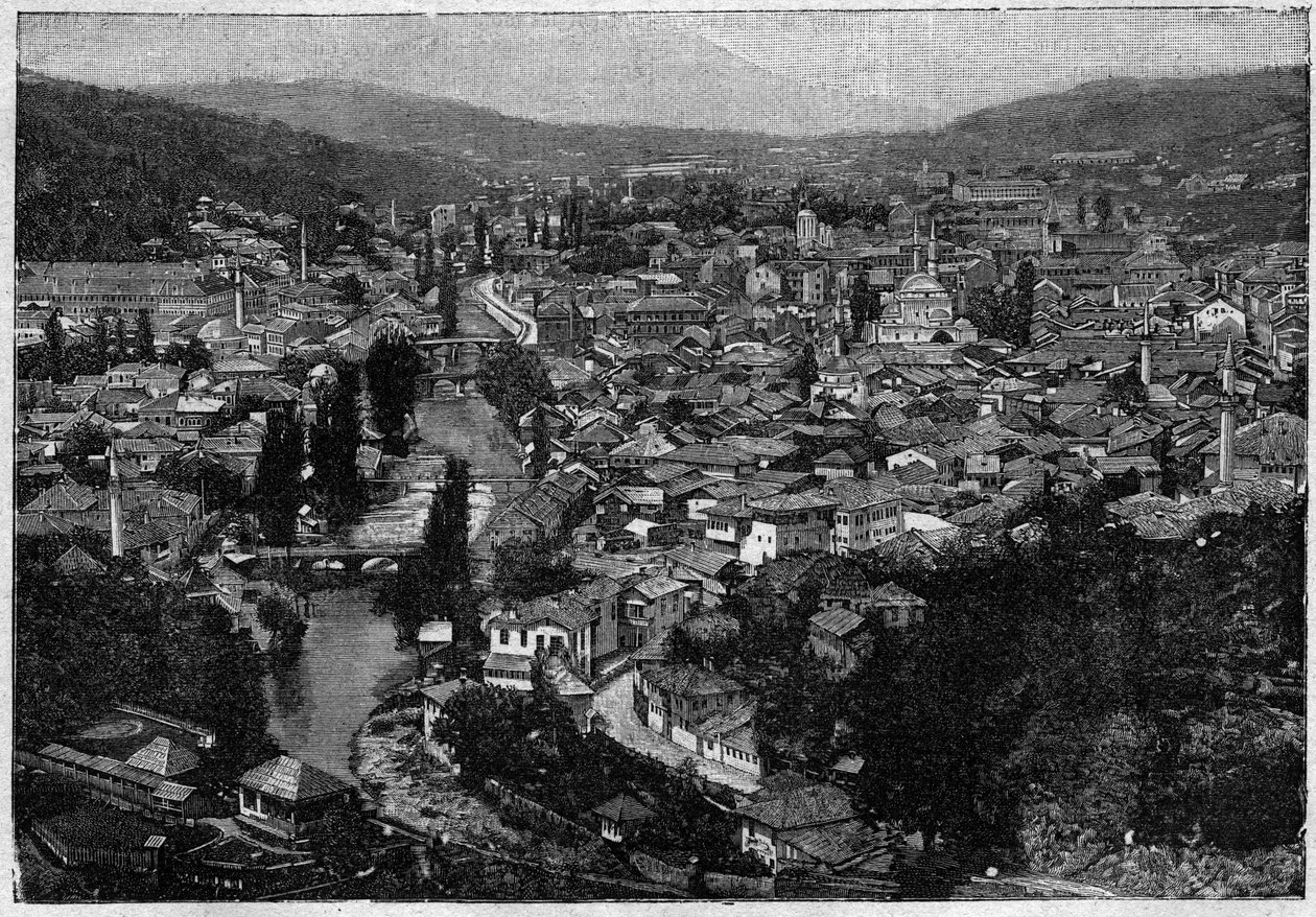 Szarajevó városának képe 1894-ben - Szarajevó városának kilátása 1894-ben - metszet alkotó: Unknown artist