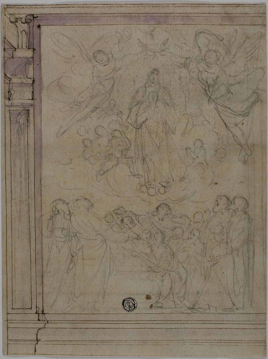 Szűz Mária mennybevétele (recto); építészeti részletek vázlatai (verso) alkotó: Unknown Florentine