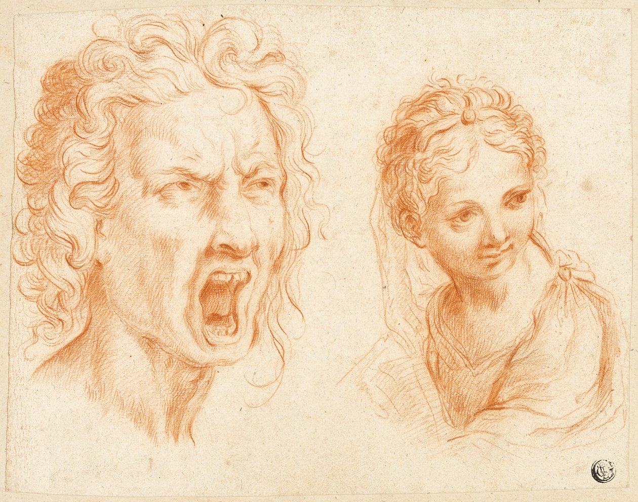 Grimaszoló férfi fej, lány mellszobra alkotó: Unknown Italian