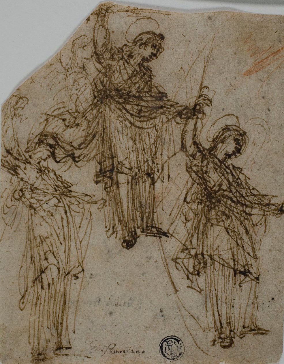 Kardot tartó álló szent vázlatai (recto); figurák és fejek vázlatai (verso) alkotó: Unknown Lombard