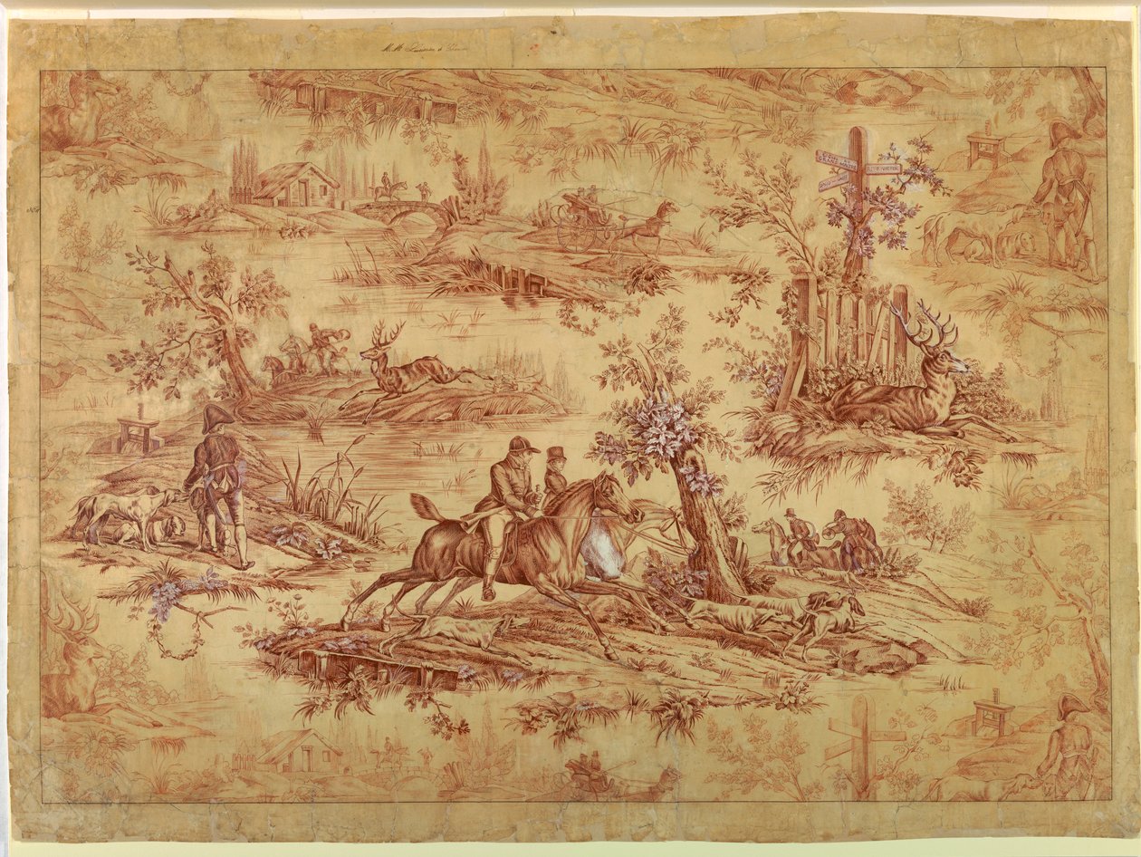 Rajz, karikatúra pamut nyomtatott textilhez, La Route de Jouy, 1815 után alkotó: Unknown artistUnknown artist