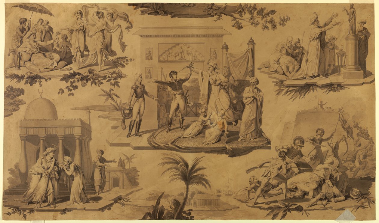 Rajz, karikatúra nyomtatott pamuttextilhez: A franciák Egyiptomban [Les Francais en Egypte], 1815 körül. alkotó: Unknown artistUnknown artist