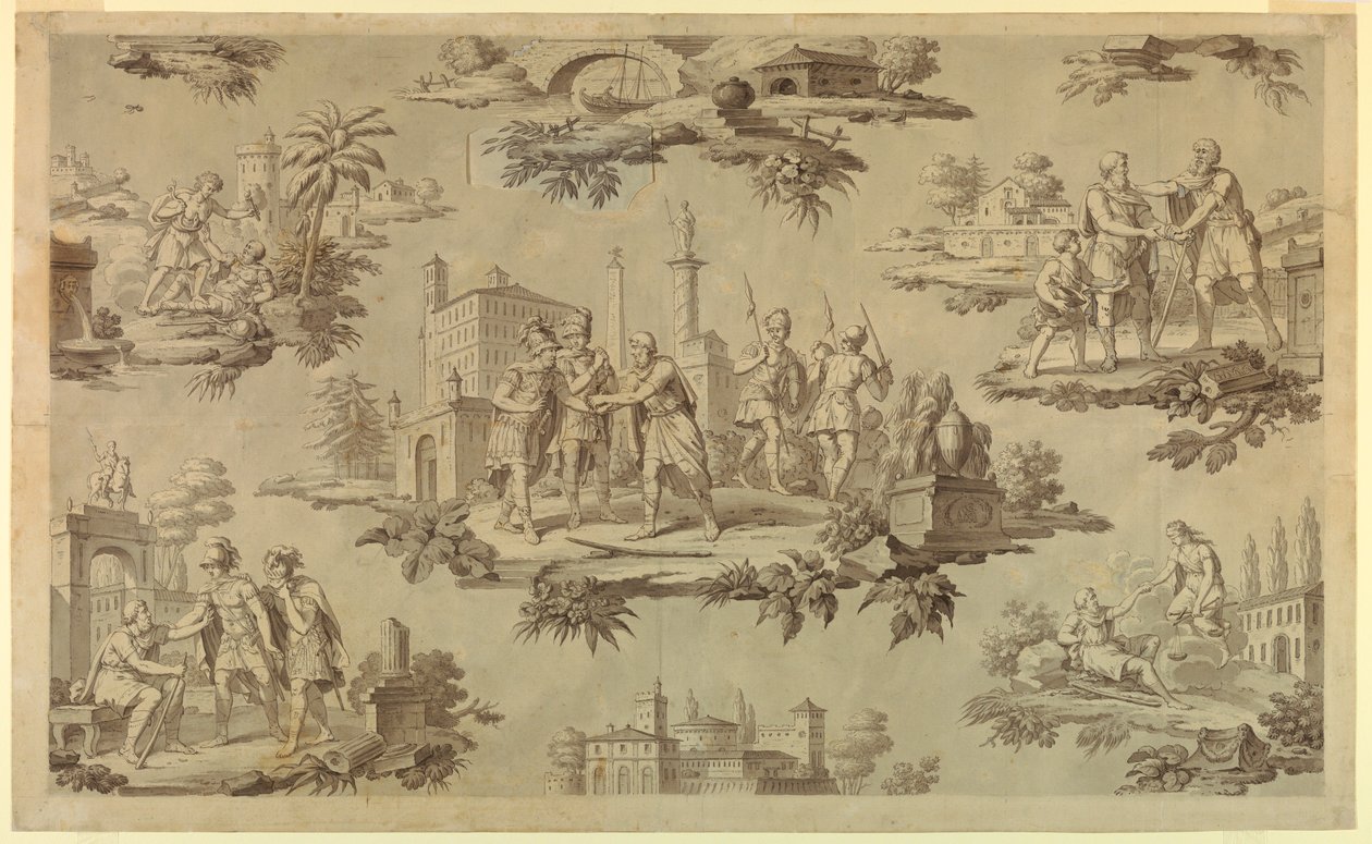 Rajz, karikatúra pamutnyomtatáshoz: Bélisaire élete [La Vie de Bélisaire], 1820 körül. alkotó: Unknown artistUnknown artist