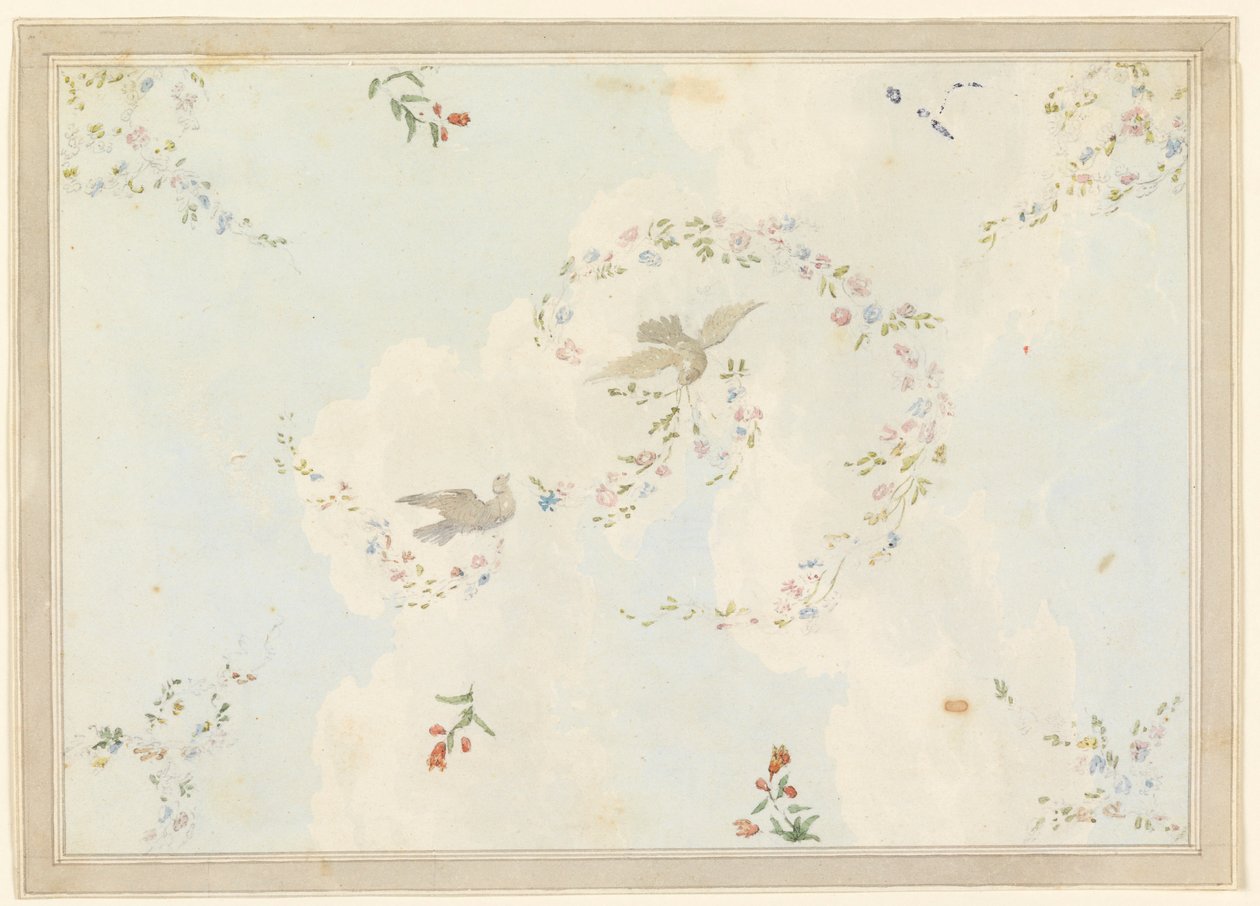 Rajz, mennyezeti díszítés galambokkal és virágfüzérekkel, valószínűleg az előcsarnok számára, 1815-22 alkotó: Unknown artistUnknown artist