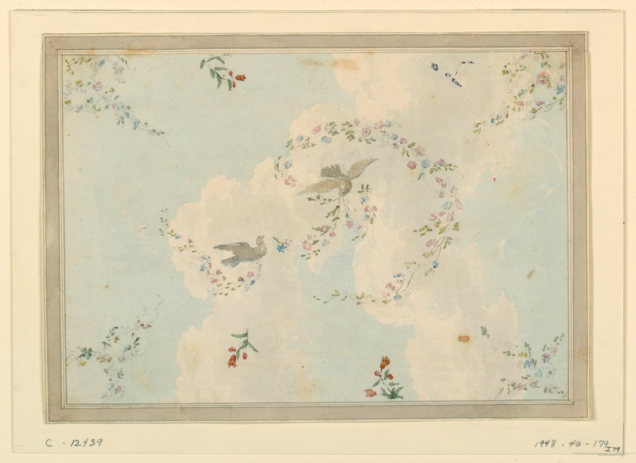 Rajz, mennyezeti díszítés galambokkal és virágfüzérekkel, valószínűleg az előcsarnok számára, 1815-22 alkotó: Unknown artistUnknown artist