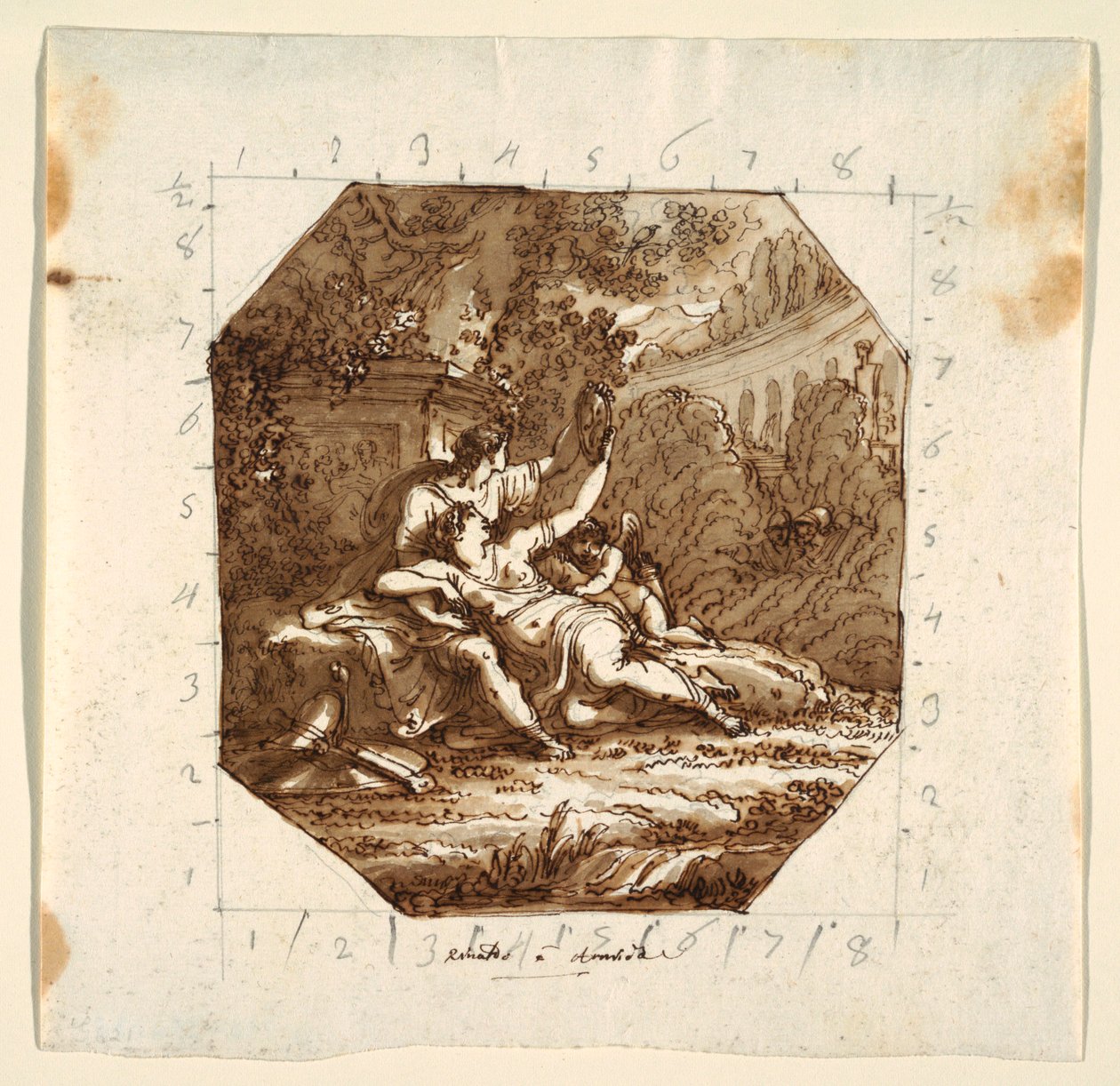 Rajz, Mennyezeti rajz Rinaldóval és Armidával, Palazzo Milzetti, Faenza, 1804-05 alkotó: Unknown artistUnknown artist