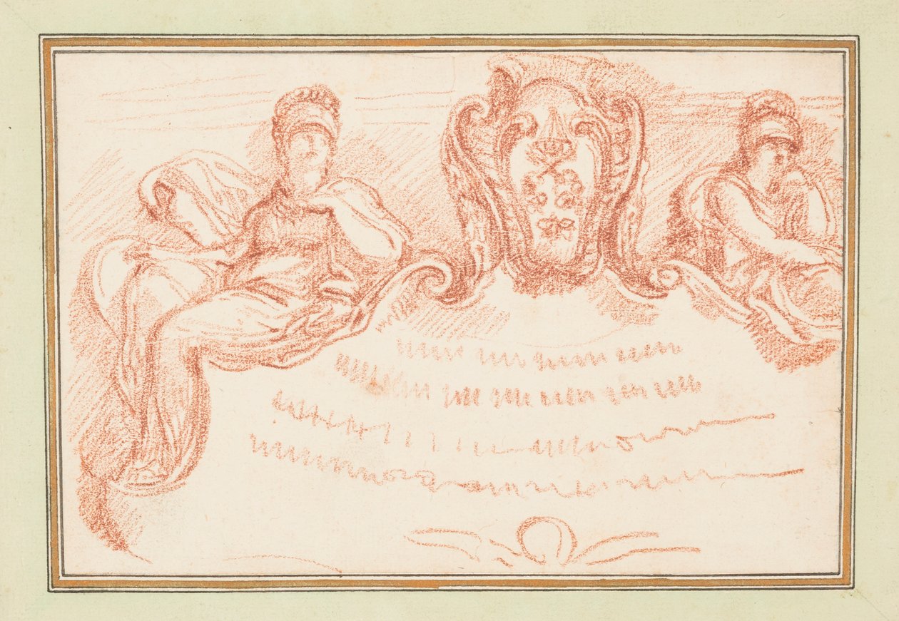 Rajz, mennyezeti részlet két ülő alakkal és címerpajzzsal, 1759-70 körül. alkotó: Unknown artistUnknown artist