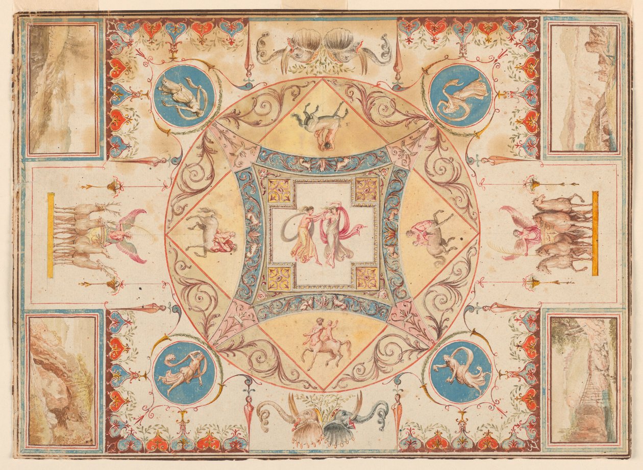 Rajz, Hadrianus villájának mennyezete, nimfákkal, kentaurokkal, szarvasokkal és elefántokkal, 1785 körül. alkotó: Unknown artistUnknown artist