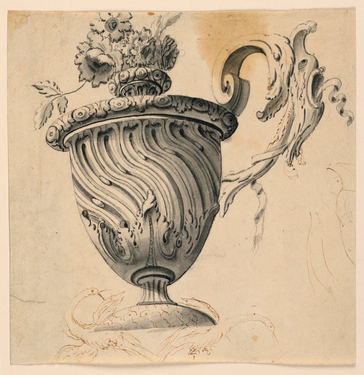 Rajz, mennyezetfestmény és virágváza, 1725-50 körül. alkotó: Unknown artistUnknown artist