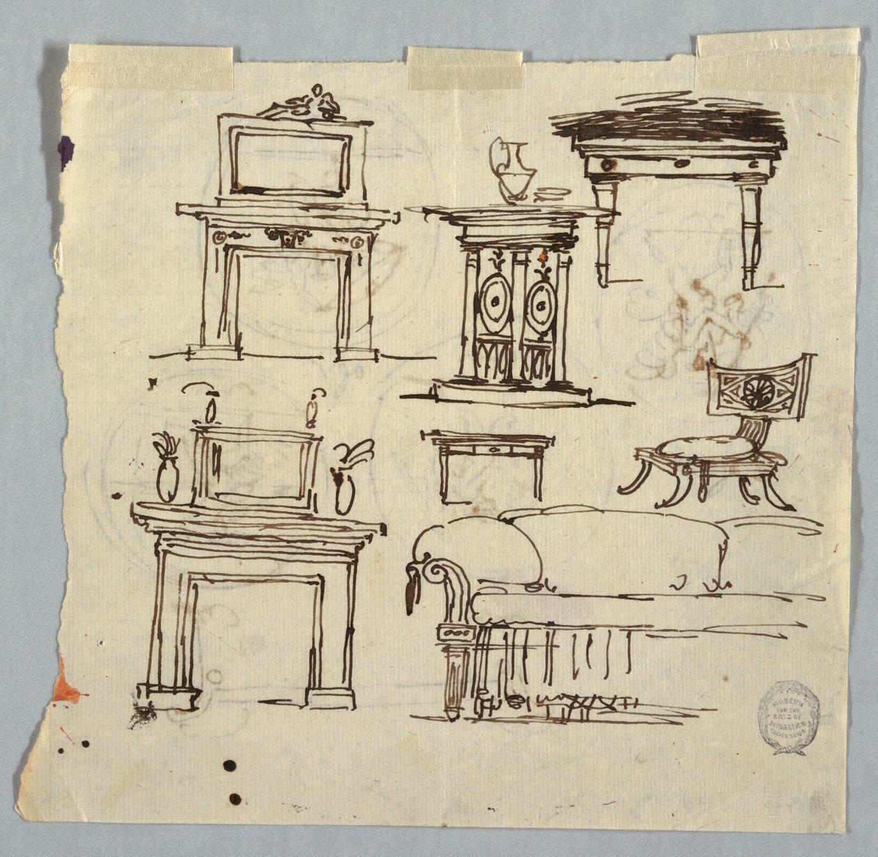 Rajz, kéménydarabok, bútorok és mennyezeti medalion, 1790-1810 alkotó: Unknown artistUnknown artist