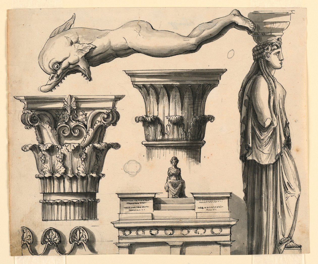 Rajz, Klasszikus és pszeudoklasszikus építészeti részletek, 1840 körül. alkotó: Unknown artistUnknown artist