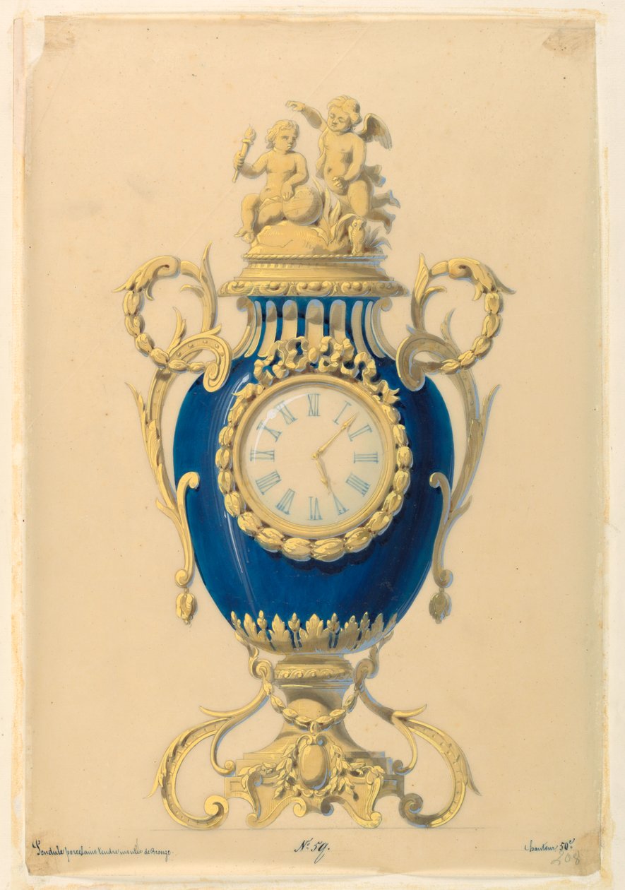 Rajz, Porcelánba állított óra, 1855 körül. alkotó: Unknown artistUnknown artist