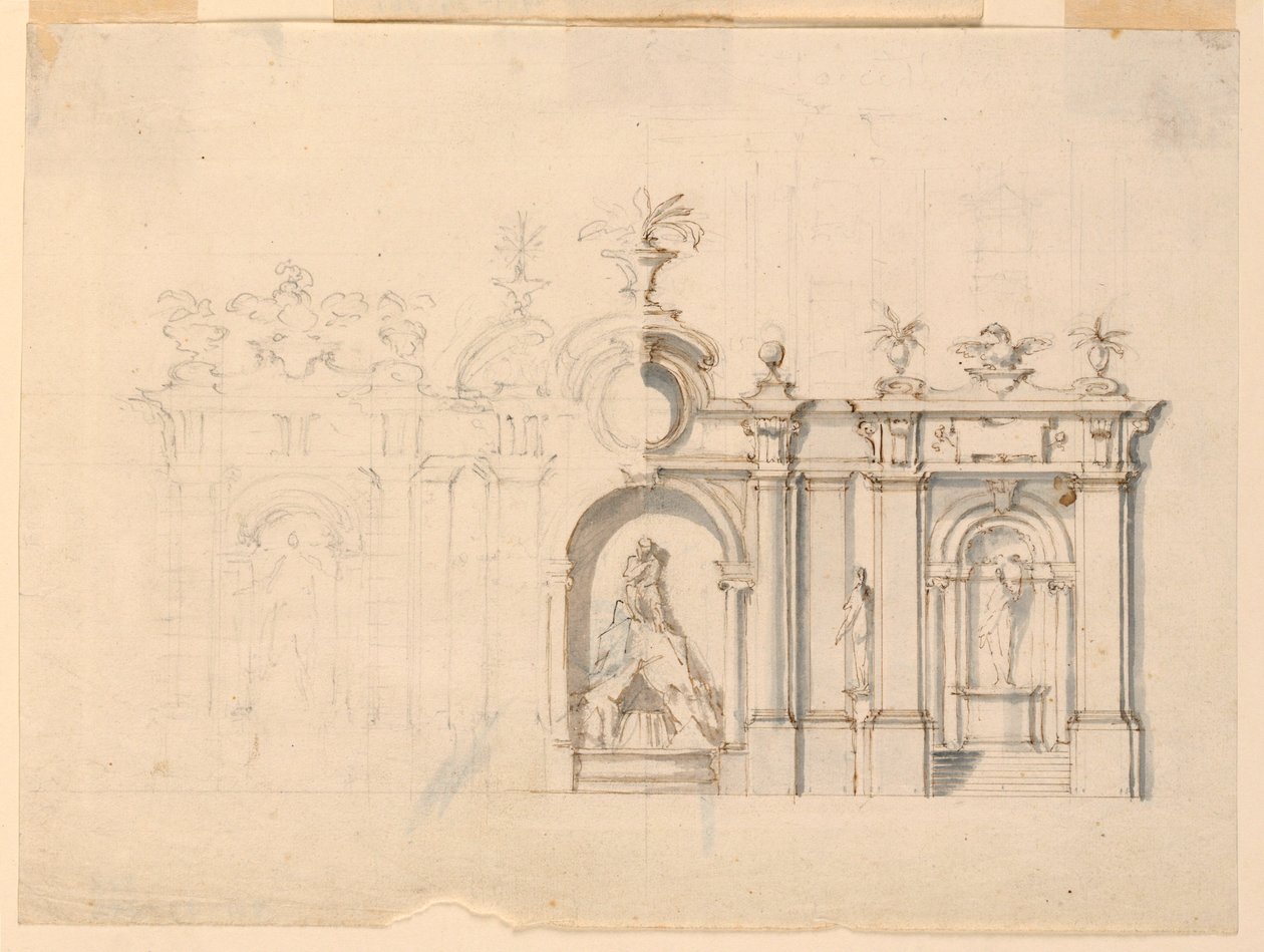 Rajz, oszlopcsarnok szökőkúttal, 1770 körül. alkotó: Unknown artistUnknown artist