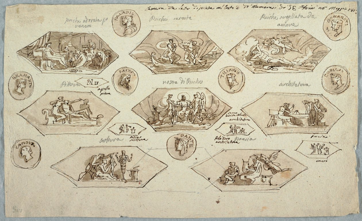 Rajz, Egy hálószoba mennyezetének díszítése a Villa Aldiniben, Montmorency, 1813 alkotó: Unknown artistUnknown artist
