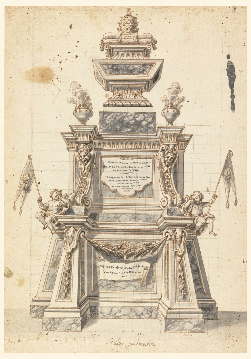 Rajz, terv egy katakalkhoz egy pápa, valószínűleg XI. Kelemen pápa emlékművéhez, 1721 alkotó: Unknown artistUnknown artist