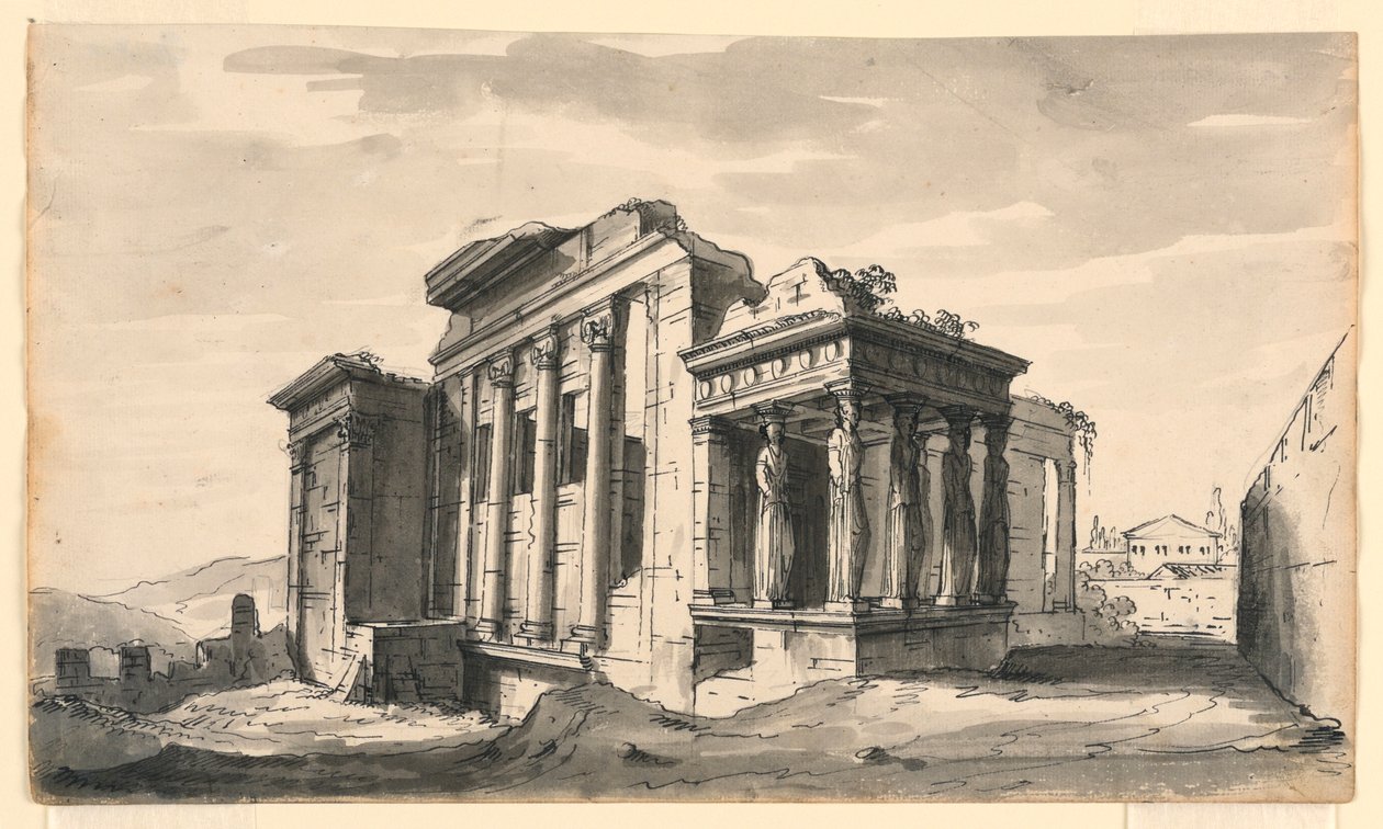 Rajz, színpadkép, Az Akropoliszon lévő Erectheion, Athén, Görögország, 19. század eleje alkotó: Unknown artistUnknown artist