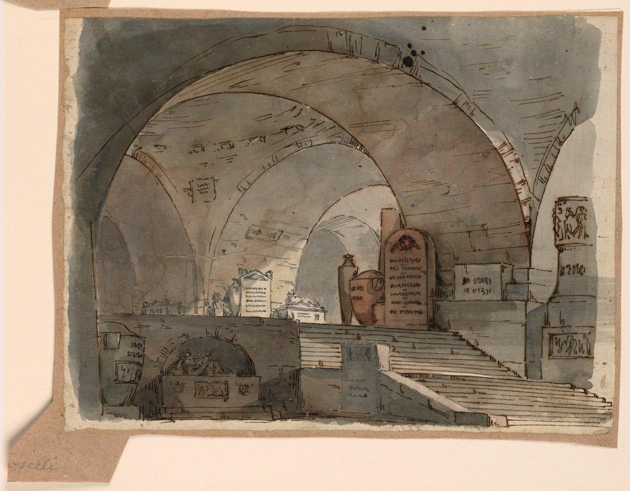 Rajz, színpadkép, földalatti boltozatos tér sírokkal, 19. század eleje alkotó: Unknown artistUnknown artist