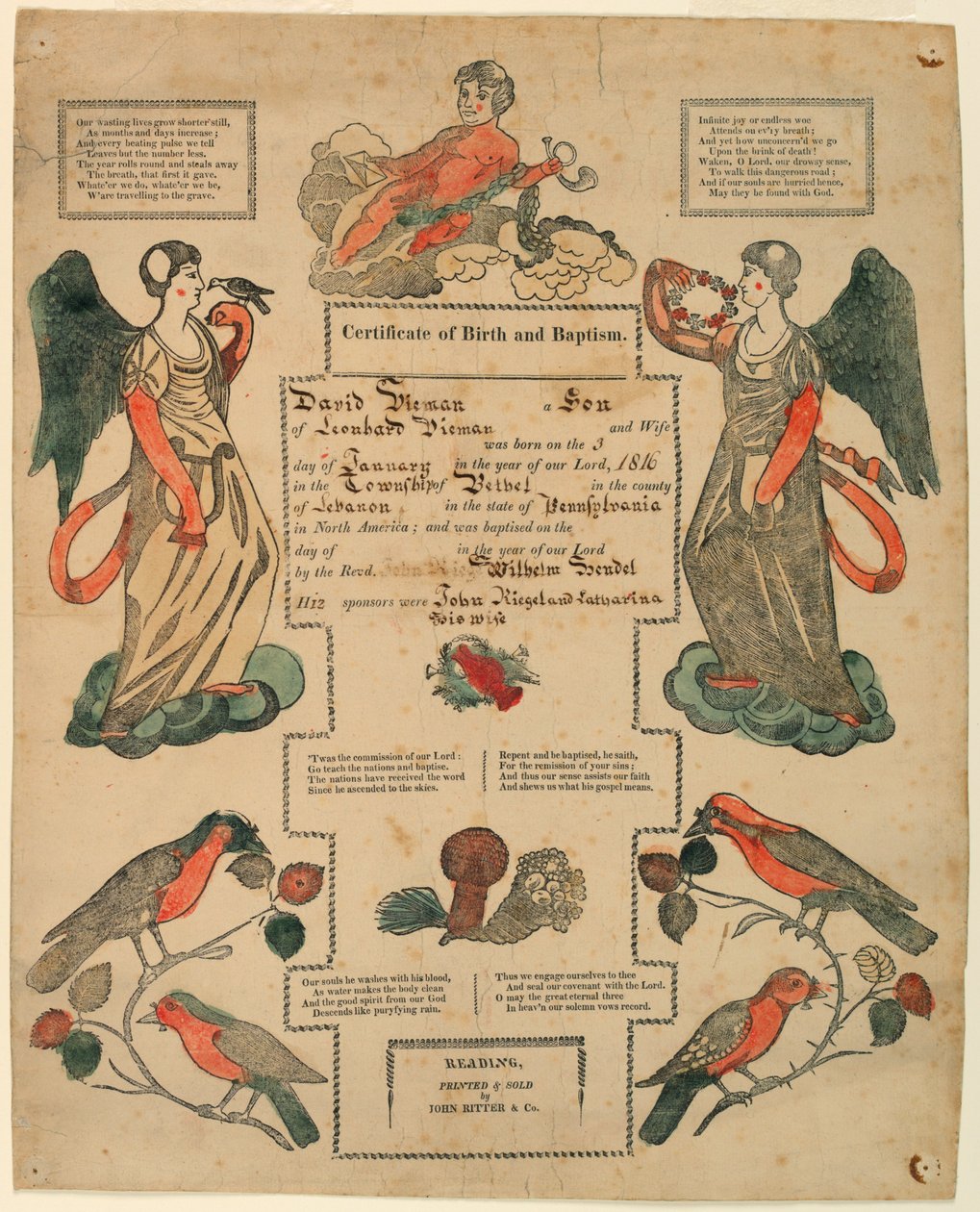 Fraktur, keresztelési bizonyítvány [Születési bizonyítvány], 1816 alkotó: Unknown artistUnknown artist