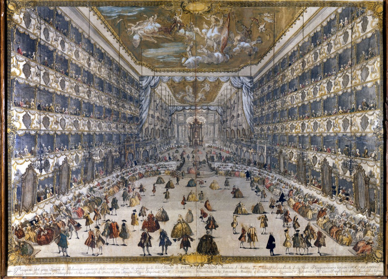 (Milánói Theatre Regio Ducal) Teatro regio Ducale Milánóban (a tűzvész után Teatro alla Scala lesz): Lipót Péter osztrák főherceg, majd II. Lipót osztrák császár (1747-1792) születésének ünnepe. 1747.05.28. alkotó: Unknown artist