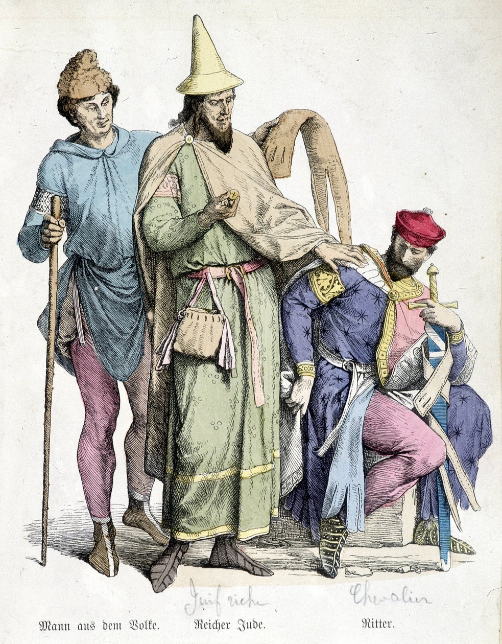 11. századi viseletek: A botos ember, a gazdag zsidó és a lovag. századi metszet. alkotó: Unknown artist