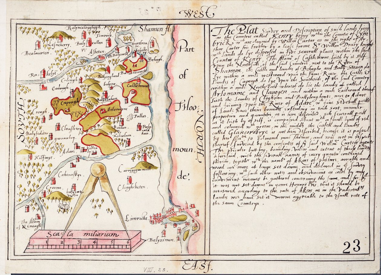 Limerick megye 16. századi térképe, Írország, 1588 körül (papír, vászon) alkotó: Unknown artist