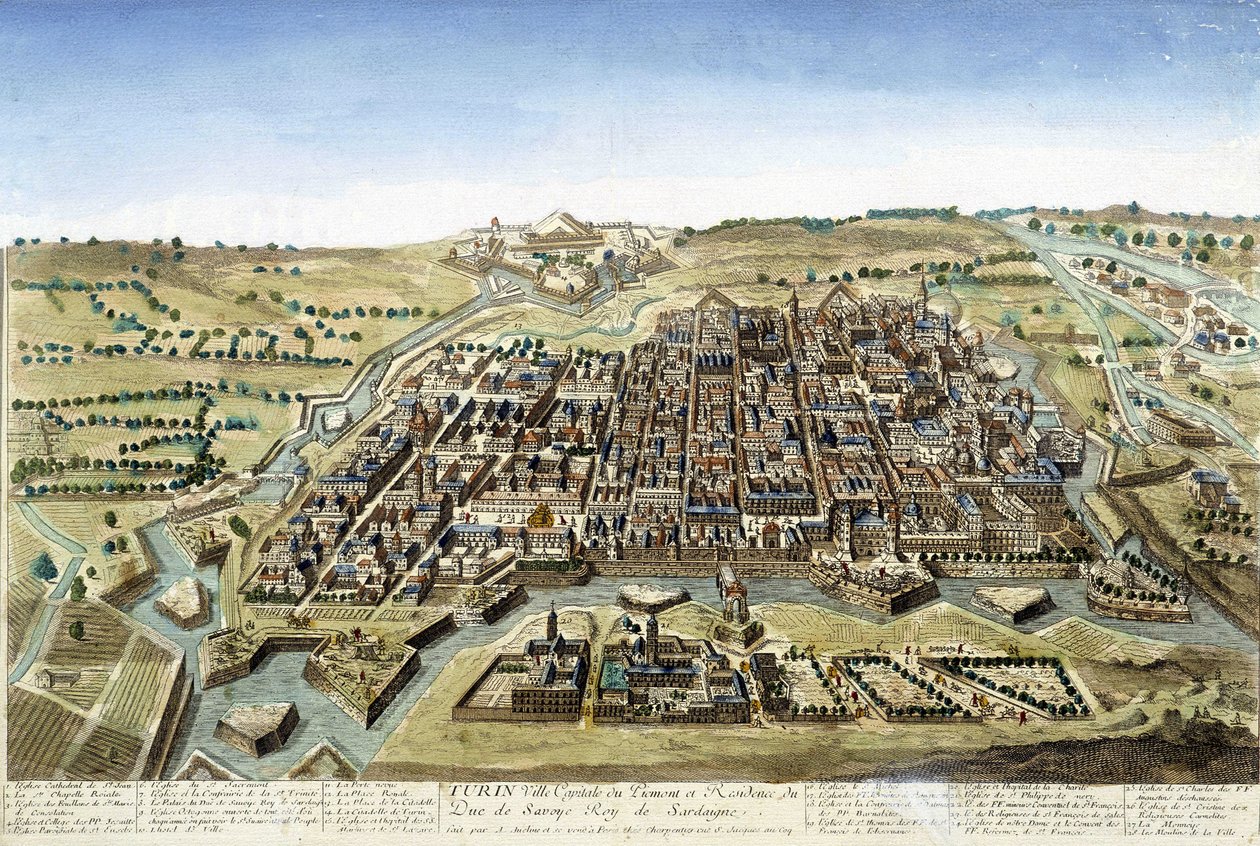 18. századi metszet, amely Torino városát ábrázolja. alkotó: Unknown artist