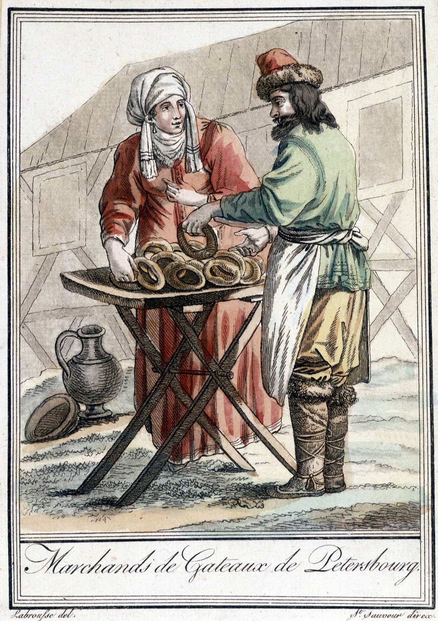 19. századi tányér, amely egy orosz férfit, süteménykereskedőt ábrázol Szentpéterváron. alkotó: Unknown artist