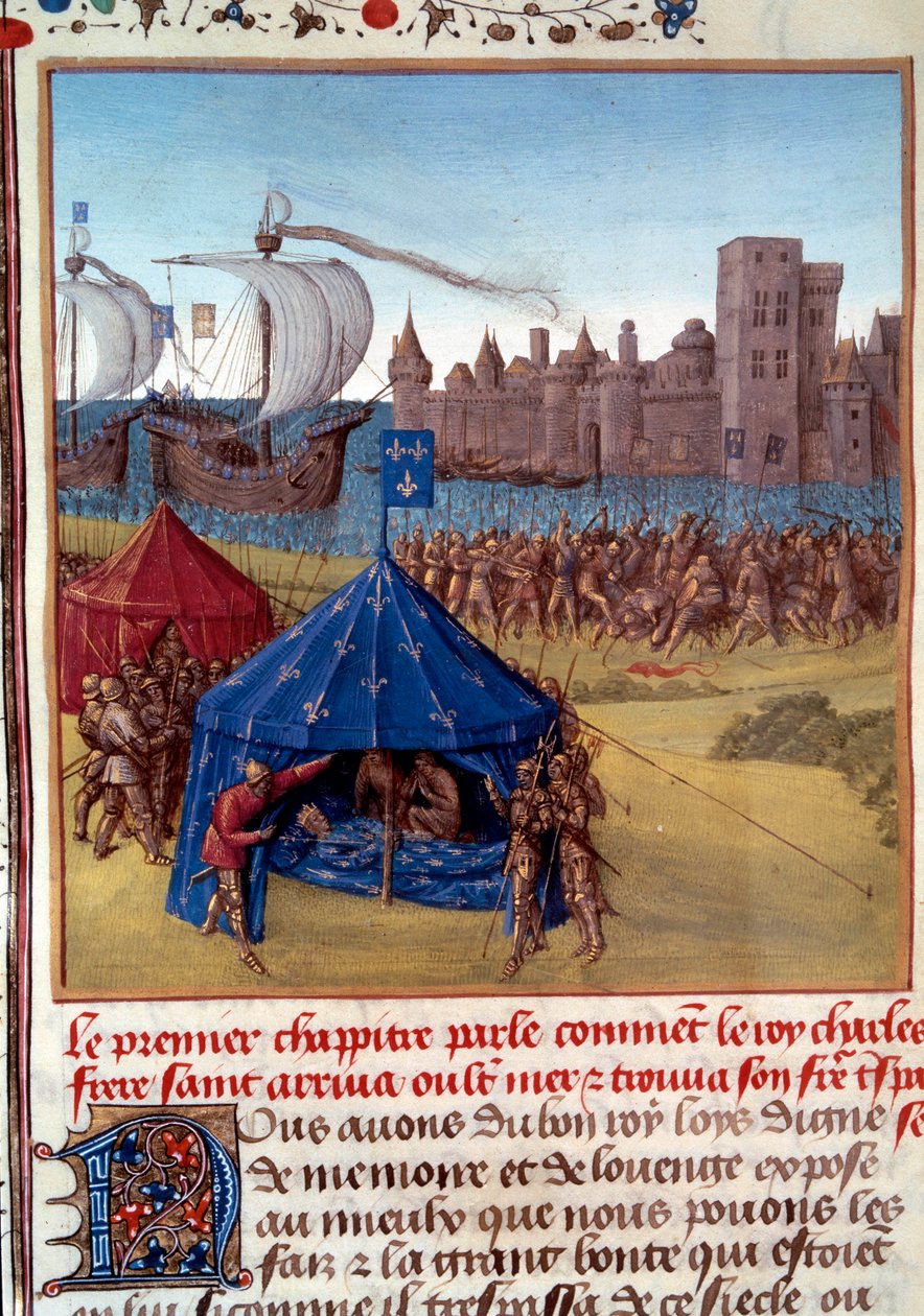 8. keresztes hadjárat: Szent Lajos (IX. Lajos) (1214/1215-1270) halála a pestis következtében Tuniszban. Miniatűr a „” Le livre des faits de Monseigneur Saint Louis””” 15. századi Párizsból, B.N. alkotó: Unknown artist