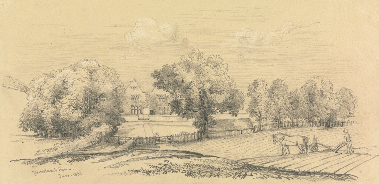 Egy farm farmerrel, lovával és ekével az előtérben alkotó: Unknown artist