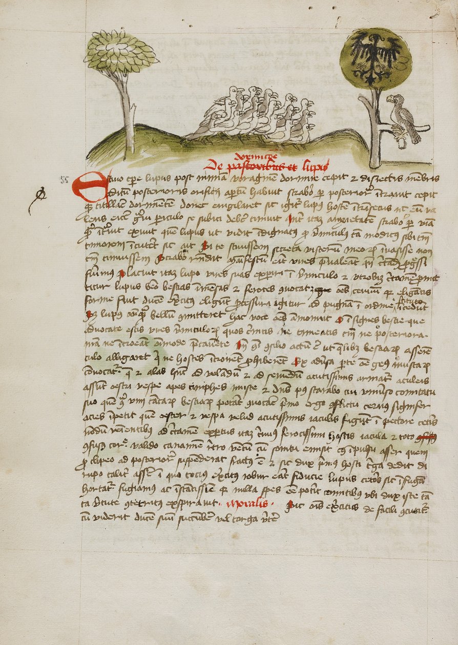 Madárraj egy fa alatt, köztük egy koronás sas, szárnyán heraldikai címerrel. alkotó: Unknown artist