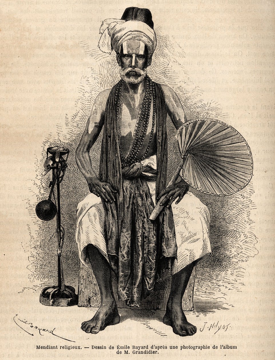 Hindu vallásos koldus. Alfred Grandidier 1862-1864-es metszete India meridionális tartományaiban való utazás szemléltetésére, megjelent a „Le tour du monde”” 1869-ben, szerkesztette Edouard Charton, Hachette kiadás, Párizs. Selva kollekció. alkotó: Unknown artist