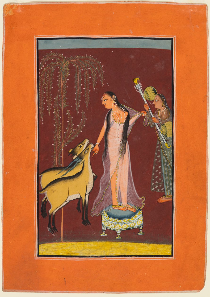 Egy hölgy kísérővel és egy pár szarvas: valószínűleg Gujari Ragini Dipakból, egy Pahari Ragamalából alkotó: Unknown artist