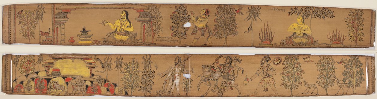 Egy herceg megszorításokat végez (recto); Shiva és követői visszatérnek a Kailash-hegyre (verso), Chandrabhanu és Lavanyavati Upendra Bhanja románcából (1670–1740) alkotó: Unknown artist