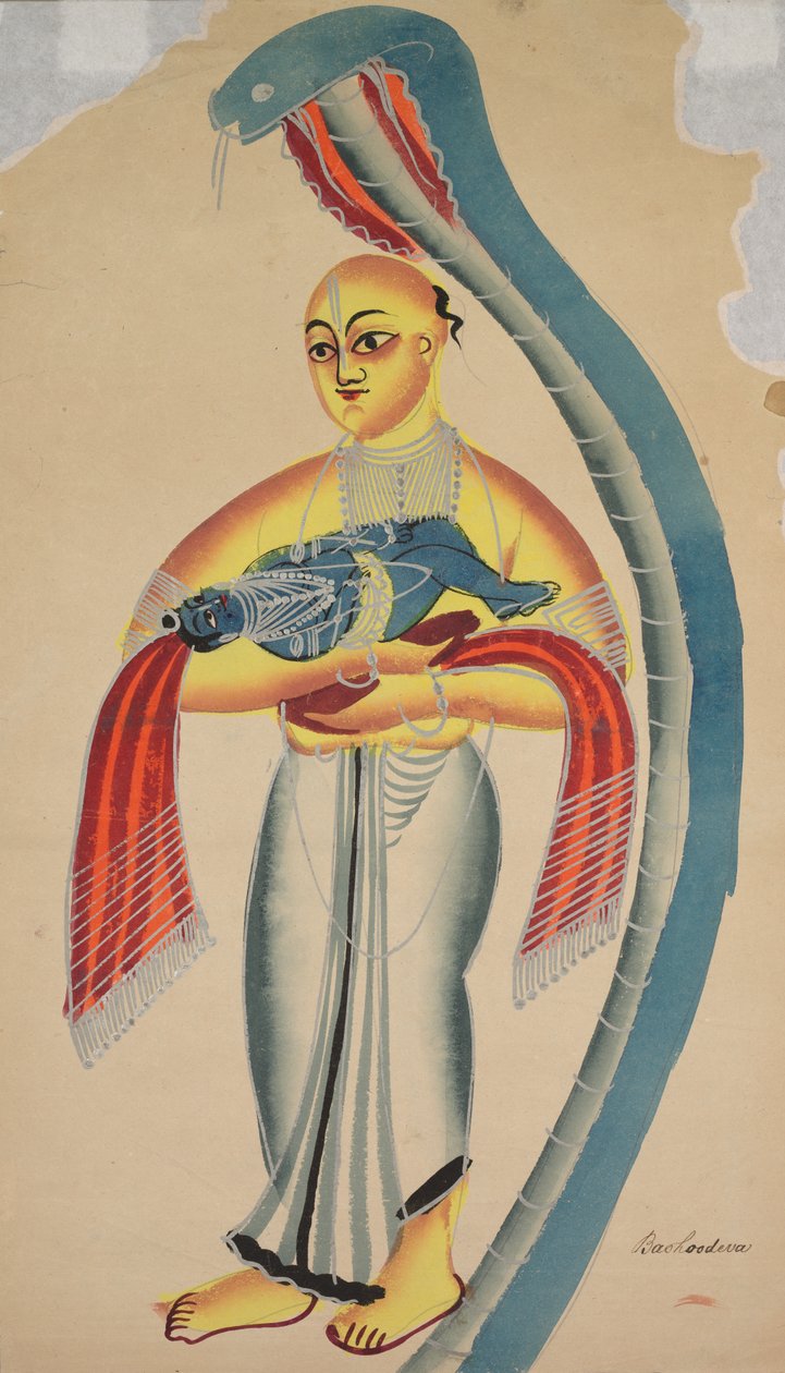 Egy kígyó védi Vasudévát, és biztonságba viszi Krisnát alkotó: Unknown artist