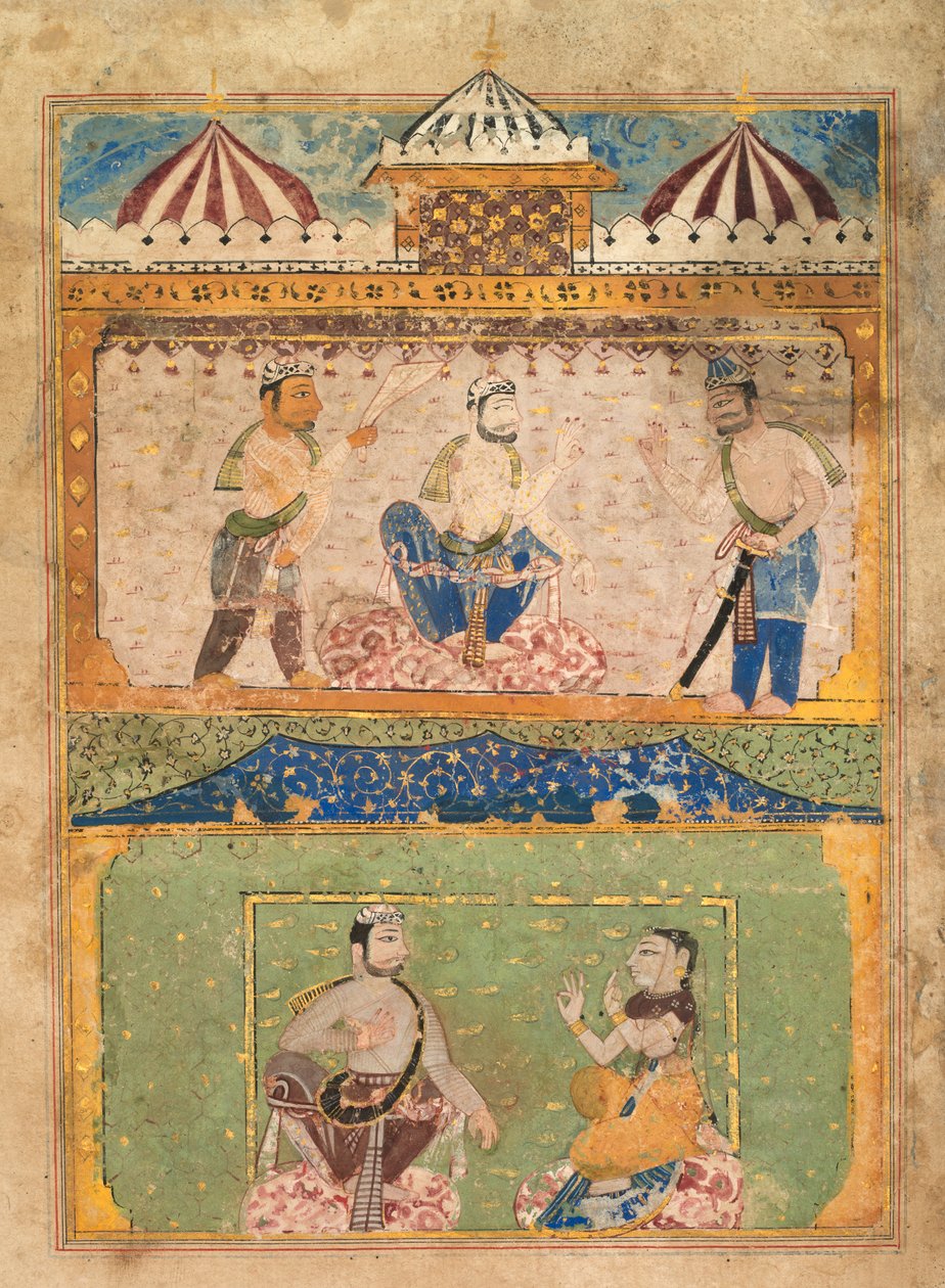 Egy utazó ráveszi Lorikot, hogy térjen haza (fent); Chanda objektumok (alul), egy Chandayana-ból (Csandai története) alkotó: Unknown artist