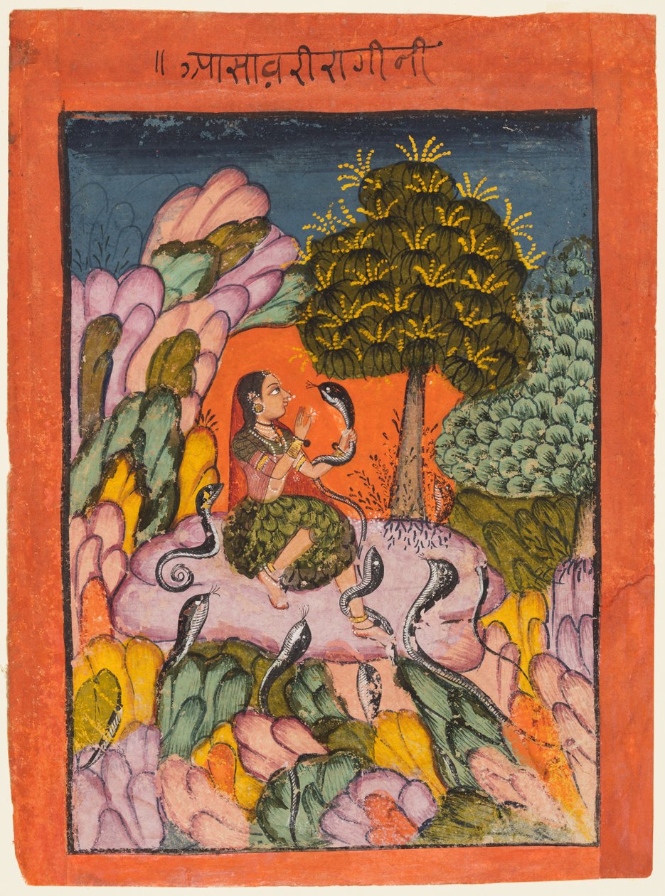 Egy nő kígyókat varázsol a vadonban: Asavari Ragini, Ragamalából alkotó: Unknown artist