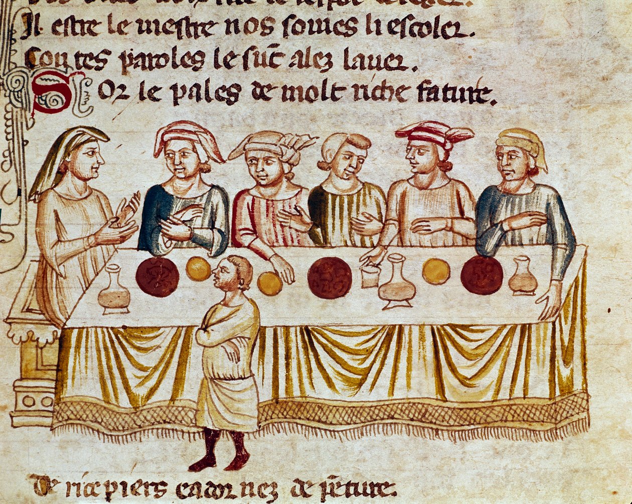 Bankettjelenet: egy király és vendégei Miniatűr az „Etree of Spain”-ból”. 14. századi Velence, Biblioteca Marciana. alkotó: Unknown artist