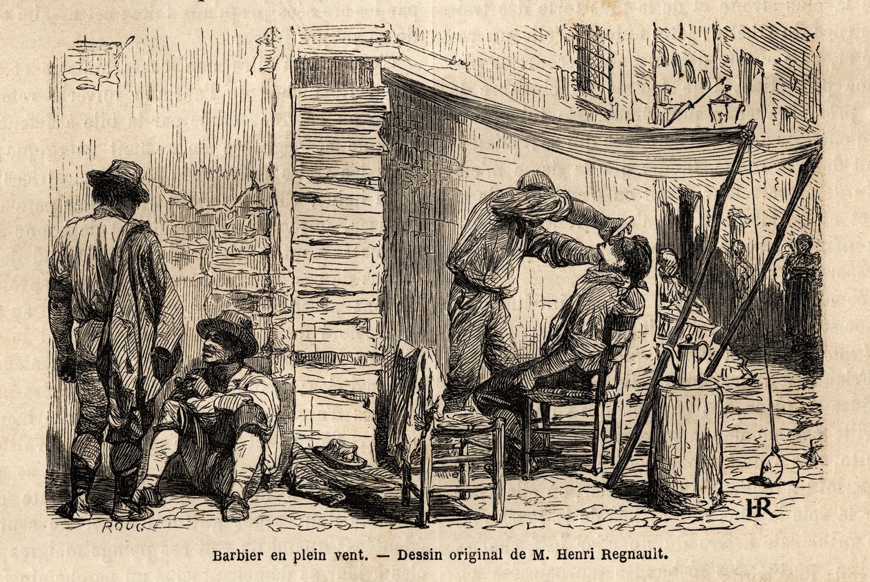 Borbély a szélben Róma utcáin. Francis Wey 1864-1868-as római utazását illusztráló metszet, amelyet a „Le tour du monde, nouveau Journal des voyages” jelent meg Edouard Charton irányítása alatt. alkotó: Unknown artist