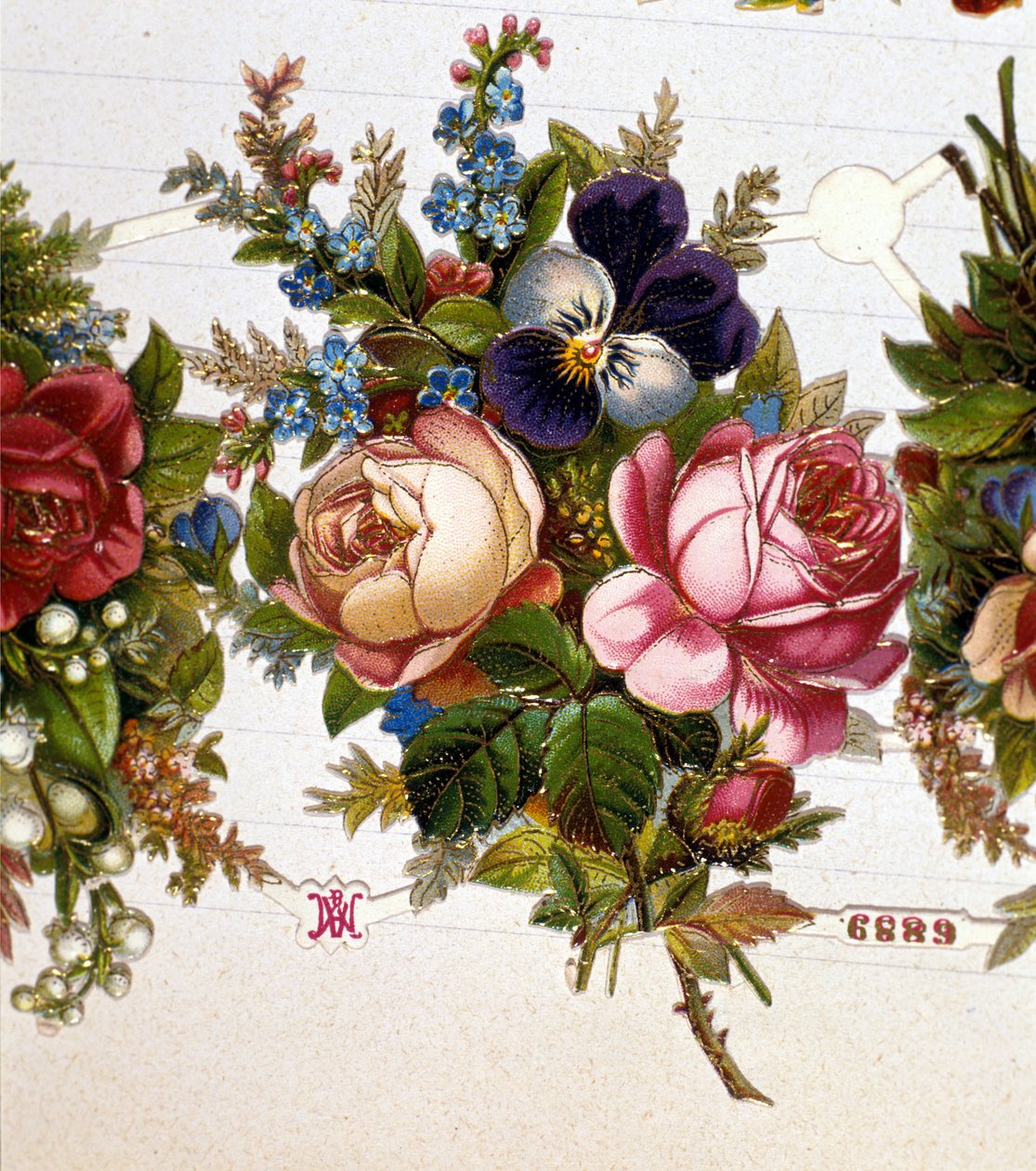 Rózsával, ibolyával kevert csokor. 19. századi kromolitográfia. alkotó: Unknown artist