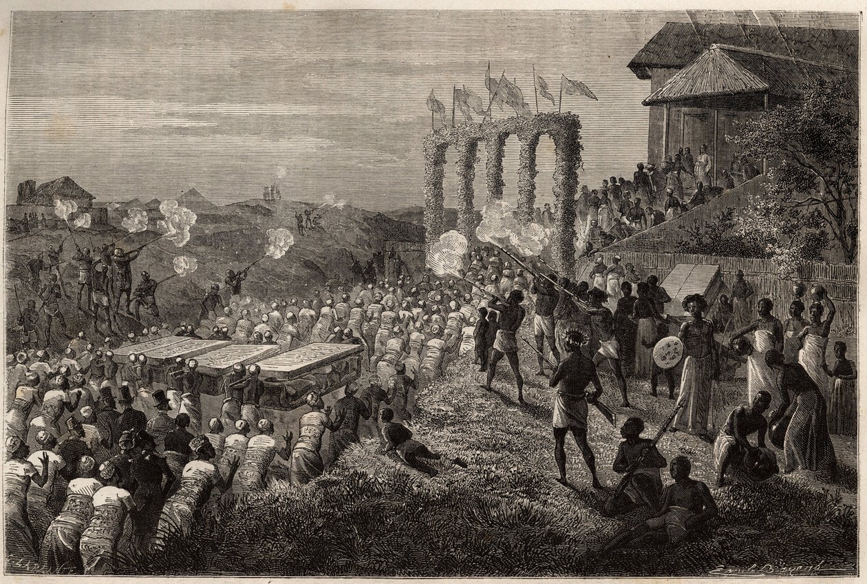 Menyasszonyi társaság Tete-ben (Mozambik). Metszet Dr. Livingstone első dél-afrikai útjainak illusztrálására 1840 és 1856 között, a „Le tour du monde, nouveau Journal des voyages” című kiadványban, amely Edouard Charton irányítása alatt jelent meg. alkotó: Unknown artist