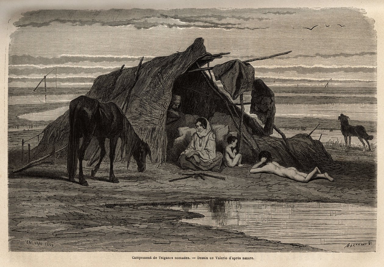 Nomád cigányok tábora Bosznia északi síkságain. A déli szlávok utazásának emlékeit illusztráló metszet Georges Perrottól, 1868-ban, megjelent a „Le tour du monde” 1870-1871-ben, szerkesztette Edouard Charton, Hachette kiadás, Pari alkotó: Unknown artist