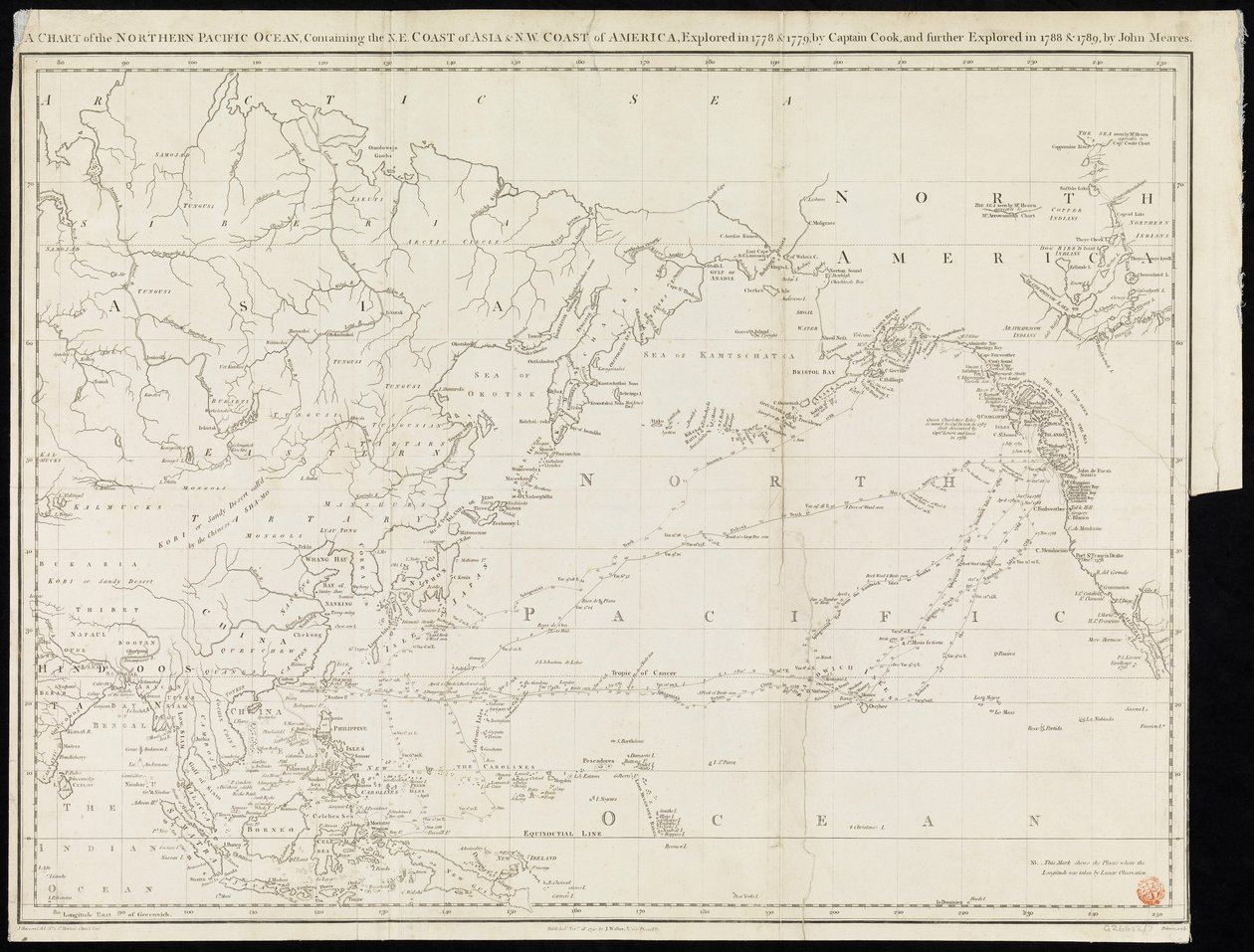 A Csendes-óceán északi részének térképe, amely tartalmazza Ázsia ÉK-i partjait és Amerika ÉNY-i partjait, amelyeket 1778-ban és 1779-ben Cook kapitány fedezett fel, és amelyeket 1788-ban és 1789-ben John Meares fedezett fel tovább (nyomtatásban) alkotó: Unknown artist