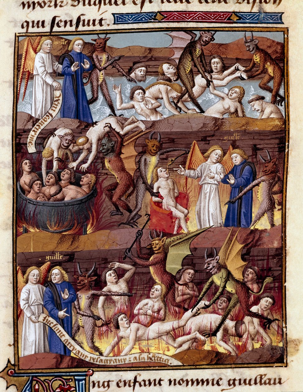 Egy Guillaume nevű gyermek az Enfer Miniature-ben az átkozottak kínjait figyeli a „Le miroir historial” (Speculum Historiale) (1196 fol. 408 r.) című könyvében, Vincent de Beauvais (1190-1264) franciára fordította Jean de. Vignay alkotó: Unknown artist