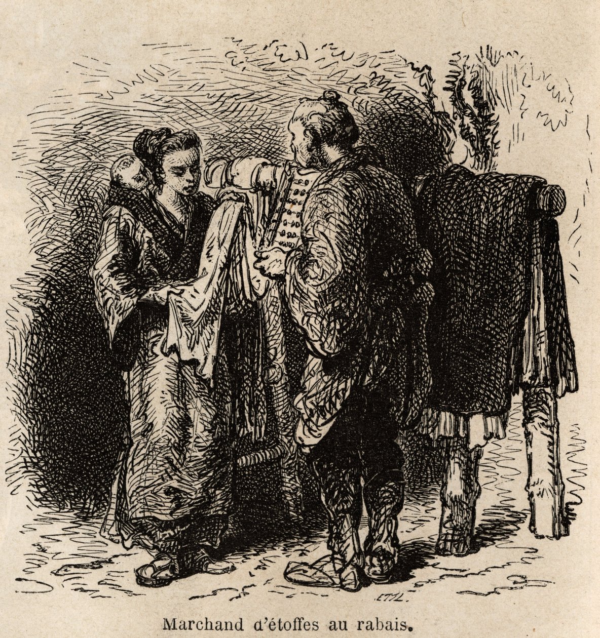 Egy akciós ruhakereskedő elkészíti a cikket egy fiatal nőnek, aki a hátán hordja kisgyermekét. Aime Humbert, a Svájci Államszövetség minisztere 1863–1864-es metszete a japán utazás szemléltetésére, megjelent a „le tour du monde”-ban, a dir alatt alkotó: Unknown artist
