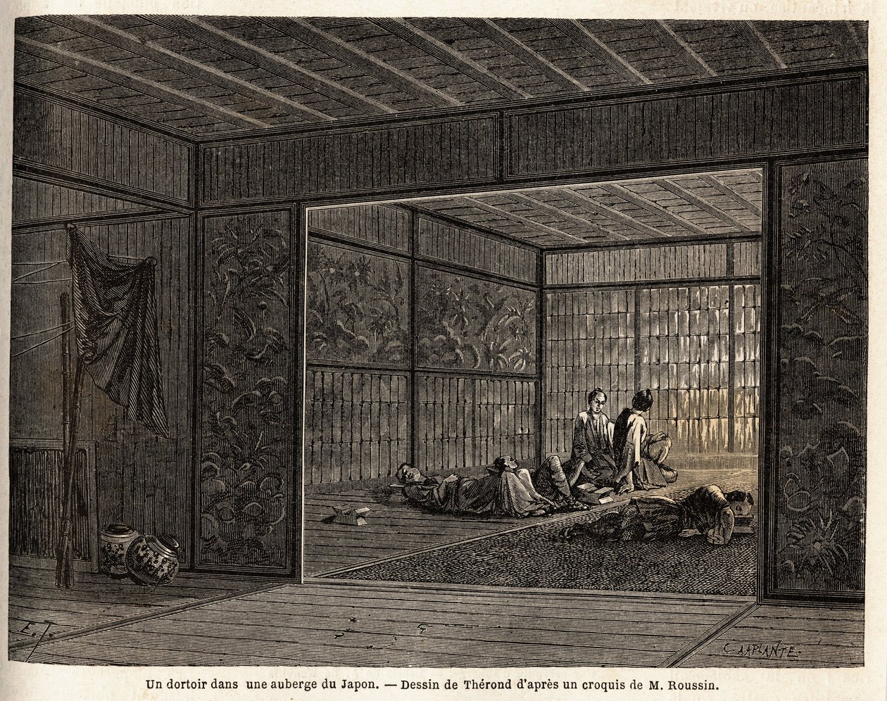 Kollégium egy fogadóban Japánban. Aime Humbert, a Svájci Államszövetség minisztere, a „Le tour du monde, nouveau Journal des voyages” című 1863–1864-es japán utazást illusztráló metszete Edouard Charton irányítása alatt jelent meg. alkotó: Unknown artist