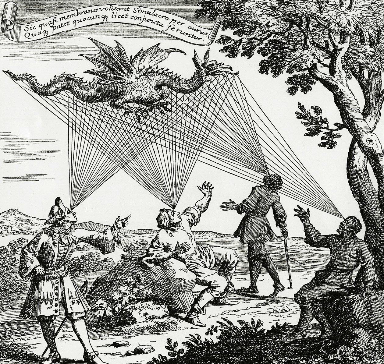 Különböző látószögekből látható sárkány Zahn „Oculus mesterségesis teledioptricus” című művének rézmetszete alapján. alkotó: Unknown artist
