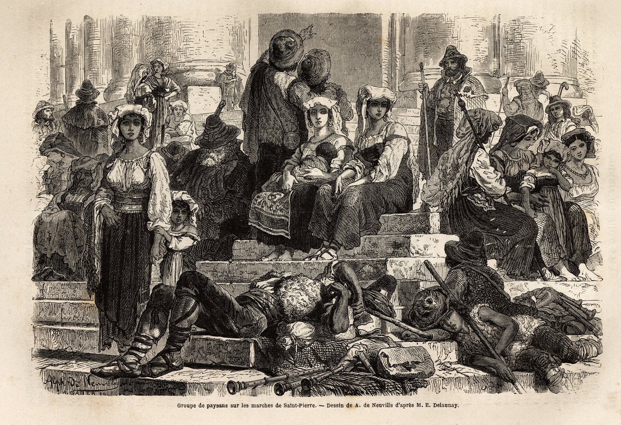 Parasztok és pásztorok csoportja gyűlik össze a nagyhét ünneplésére a Vatikánban, Szent Péter lépcsőjén. Ludovic Celler 1863-as római nagyhét történetét illusztráló metszet a „Le tour du monde, nouveau Journal des voyages” c. alkotó: Unknown artist
