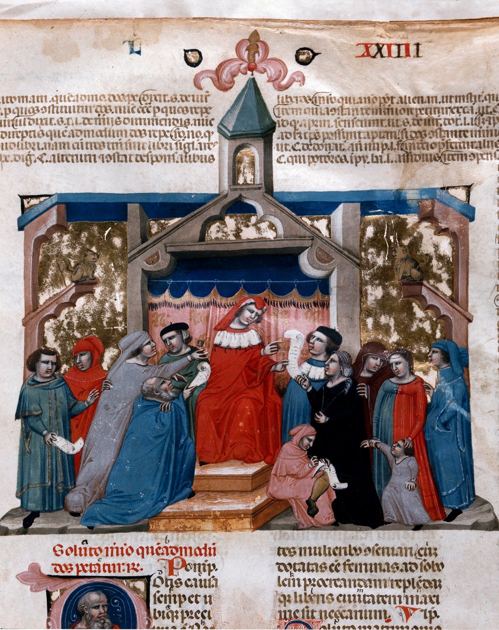 Egy jogász, aki a Justinianus-kódexből (Codex Justinianus) átvett miniatűr törvényt alkalmazza, amely az I. Jusztinianus bizánci római császár (483-565) alatt kiadott törvények és intézmények gyűjteménye. alkotó: Unknown artist