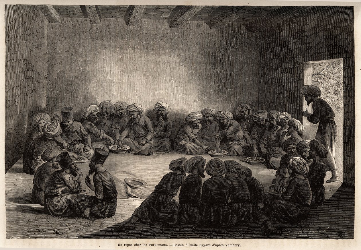 Ebéd a turkománoknál (Irak). Emile Bayard (1837-1891) rajza, Arminius Vambery (dervisbe öltözött magyar tudós álruhája) 1863-as közép-ázsiai utazásának illusztrálására. Gravírozás a „Le tour du monde”-ban, szerkesztette Edouard Charton alkotó: Unknown artist